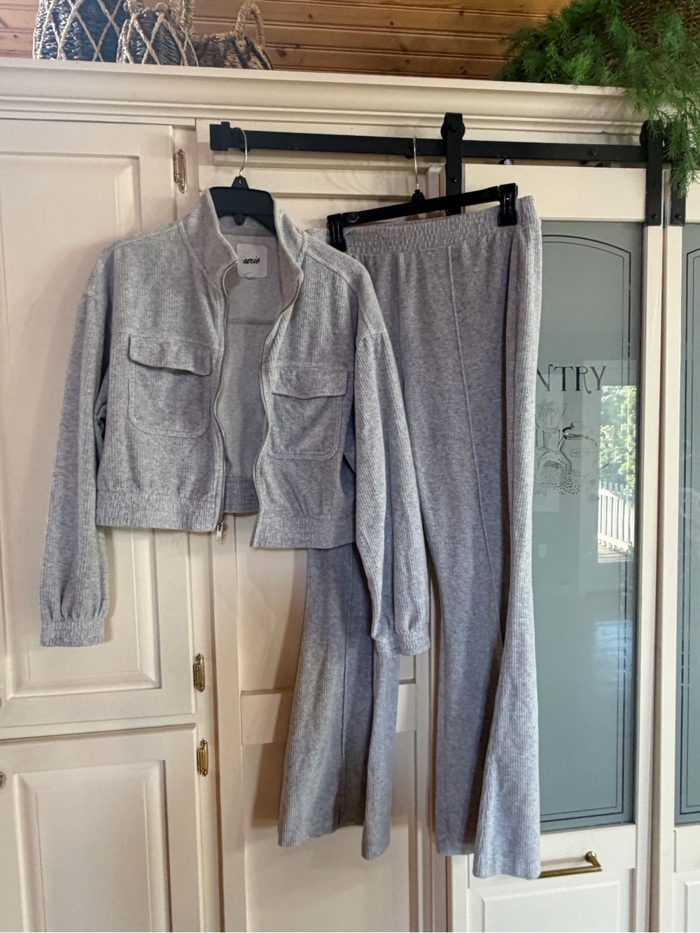 aerie Light Gray Wide Leg Knit Pants with Cropped Zip Jacket
